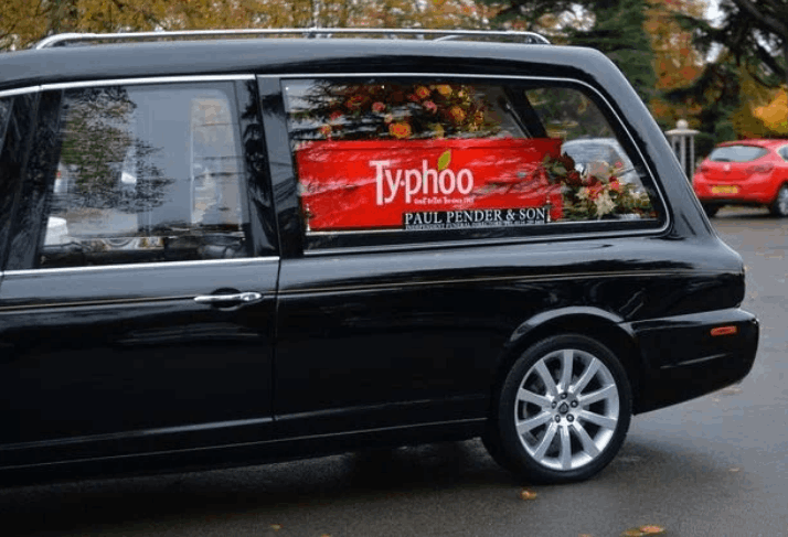 Typhoo coffin image with hearse image